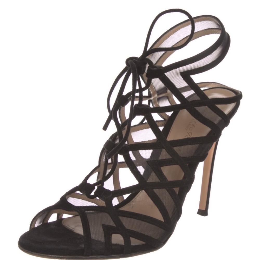 Gianvito Rossi 
Suede mesh accents sling back sandals 
Size 37 1/2